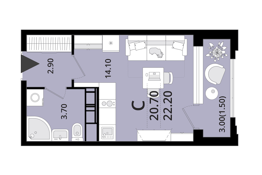 Квартира студия 22.2 м², 10/13 эт., ЖК «Тайм Сквер»